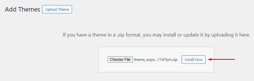 Select the theme’s .zip file and then click Install Now