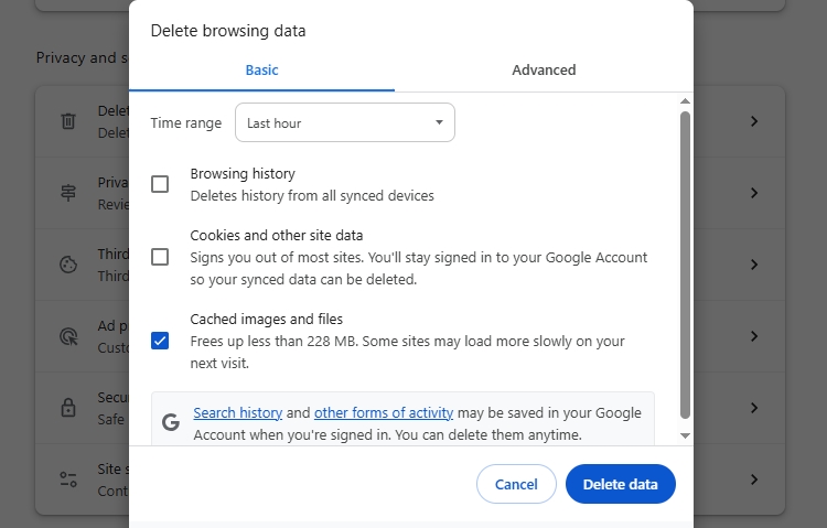 Clear Cache from Browser
