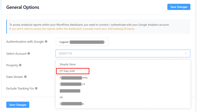 Select your Google Analytics account