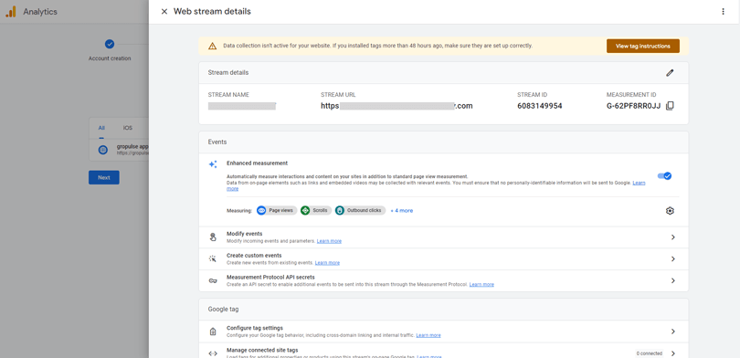Google Analytics account has been successfully created