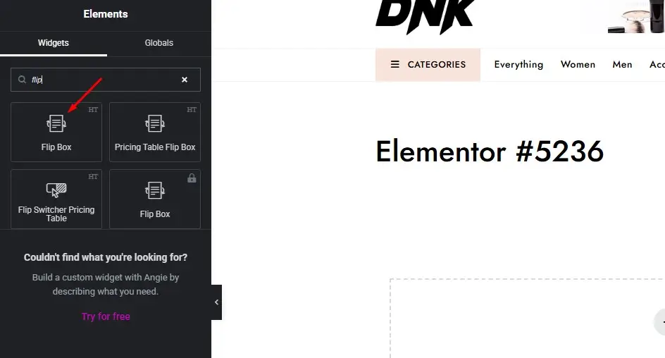 Search flip box on Elementor editor