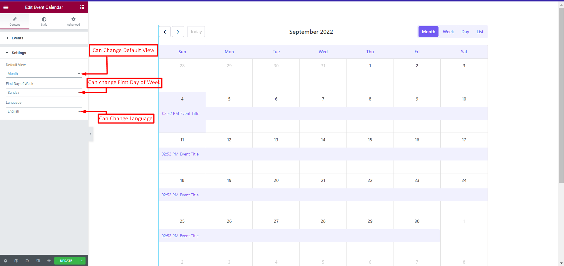Event Calendar Widget - HT Mega Addons for Elementor