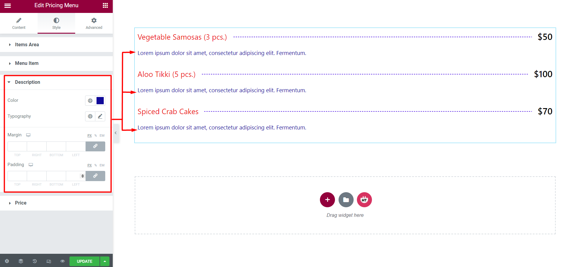 Elementor Price Menu Widget - HT Mega Addons for Elementor